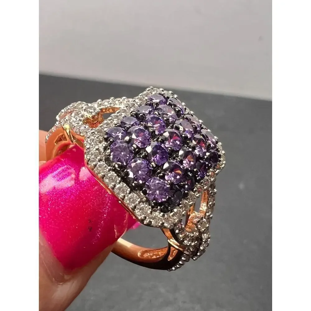 Purple and white CZ rose gold over sterling silver ring size 9